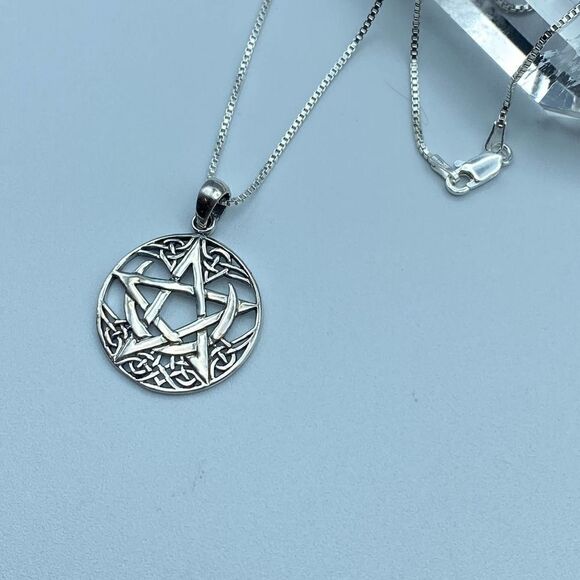Celtic Crescent Moon With Pentagram Sterling Silver Necklace Box Chain - Picture 5 of 5